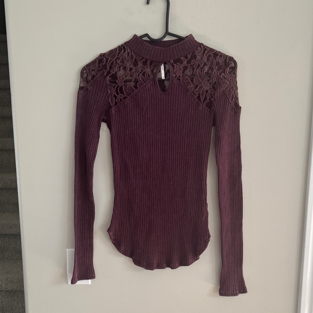 Free People Burgundy Lace Shoulder Top